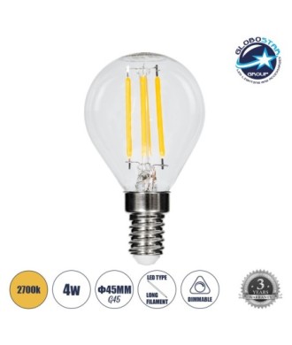 GLOBOSTAR® SPHERE 99003 Λάμπα E14 G45 LED 4W 400lm 360° AC 220-240V IP20 Θερμό Λευκό 2700K Dimmable - Long Filament Chip - Διάφανο - Μ4.5 x Π4.5 x Υ7.5cm - 3 Χρόνια Εγγύηση